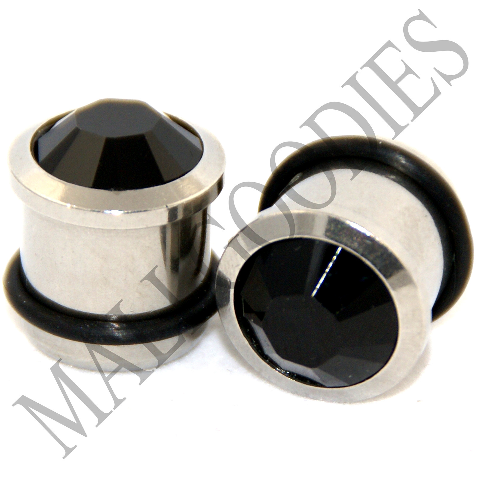 P009 Surgical Steel with Solid Black CZ Crystal Gem Ear Plugs 1/2″ inch 12.7mm