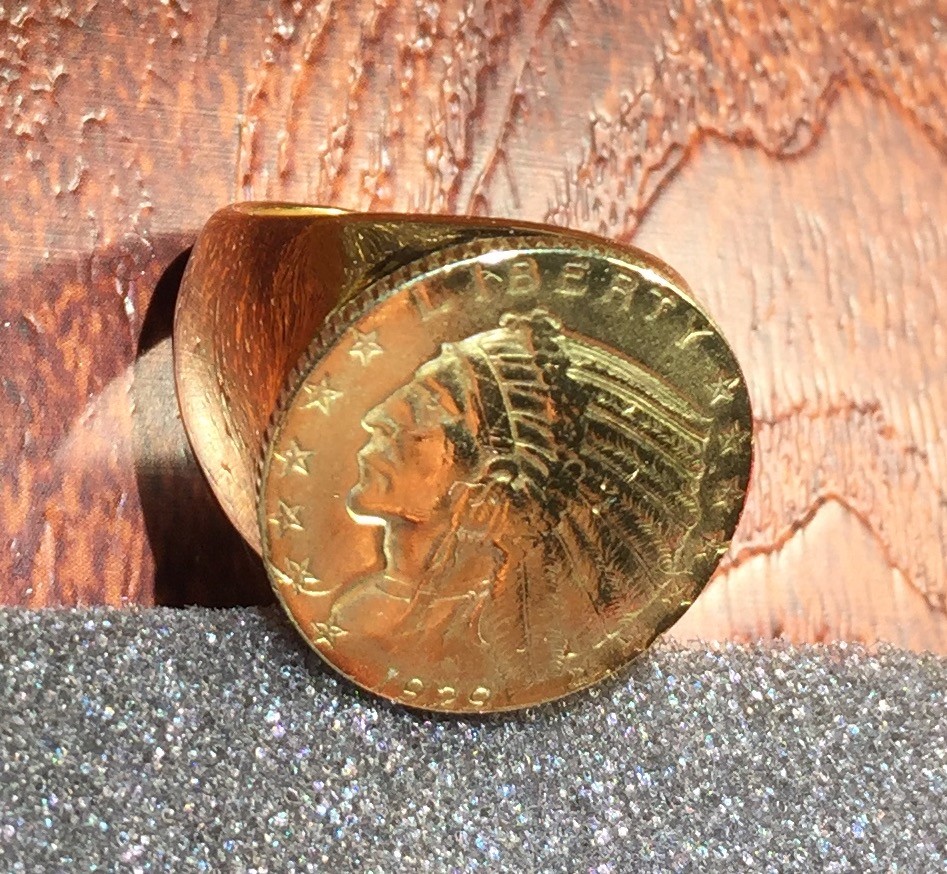 1929 Heavy Gold Plated Indian Head Feather Headdress Half Eagle Coin Ring Sz 10