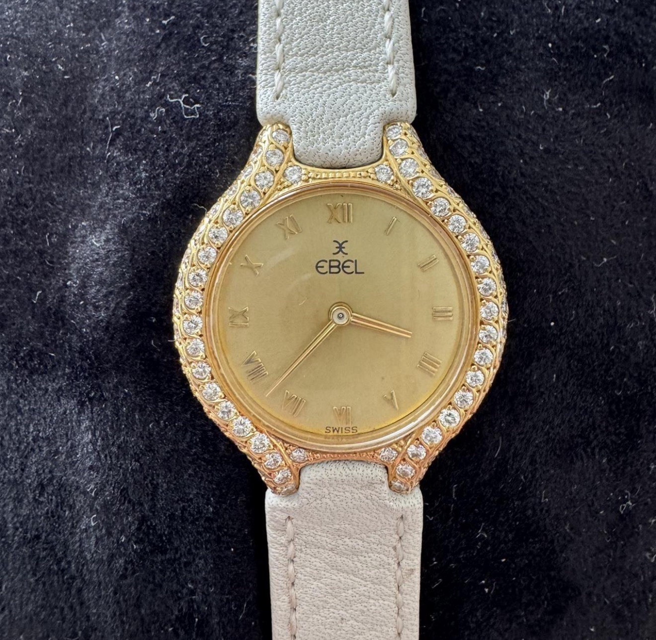 EBEL Beluga Vintage Quartz Gold Dial Roman Numerals Gem-Set Bezel White Leather
