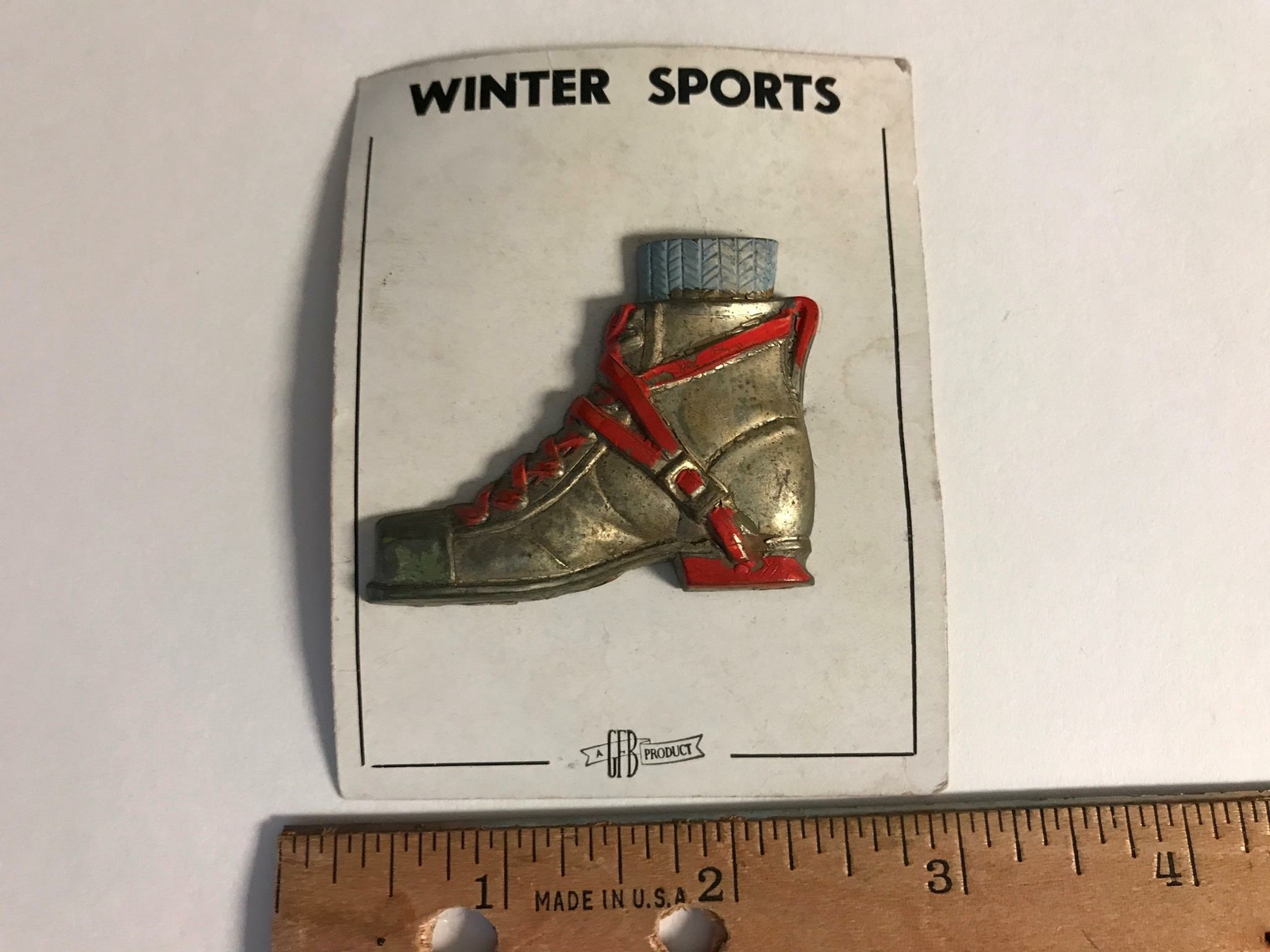 Vtg GFB Product Winter Sports ski snow Boot Costume Jewelry Brooch Pin on Card