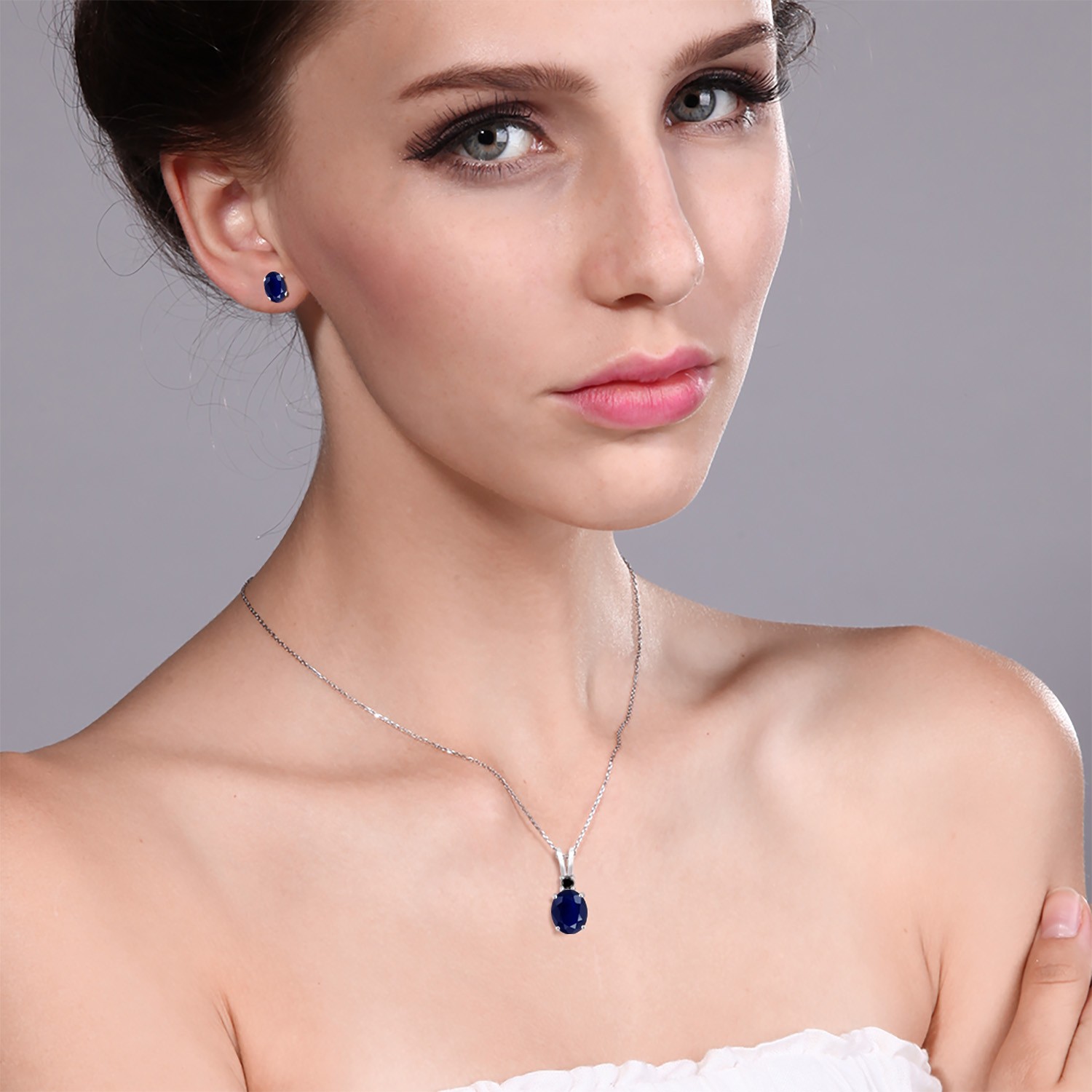 3.90 Cttw Sapphire and Black Diamond Pendant and Earrings Jewelry Set For