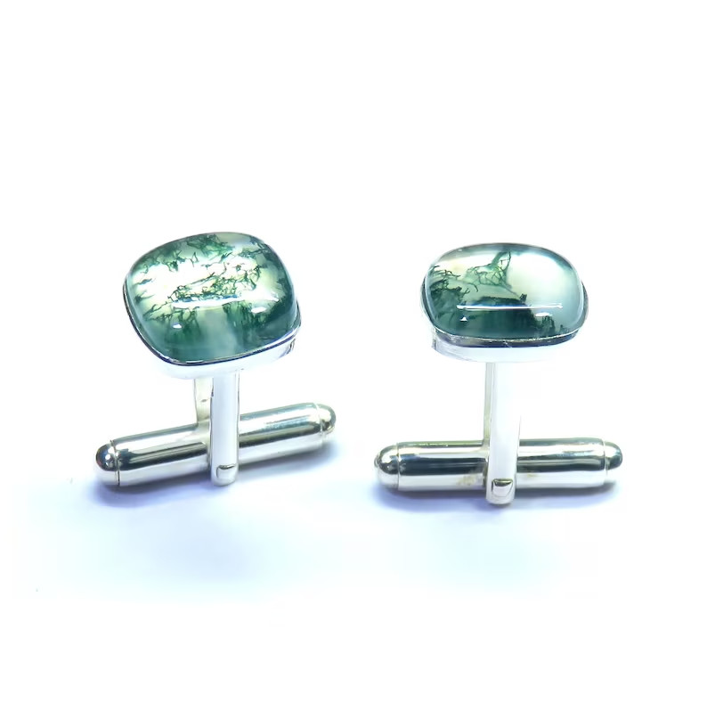 Moss Agate Gemstone 925 Sterling Silver Cufflinks For Boyfriend Valentine’s Gift