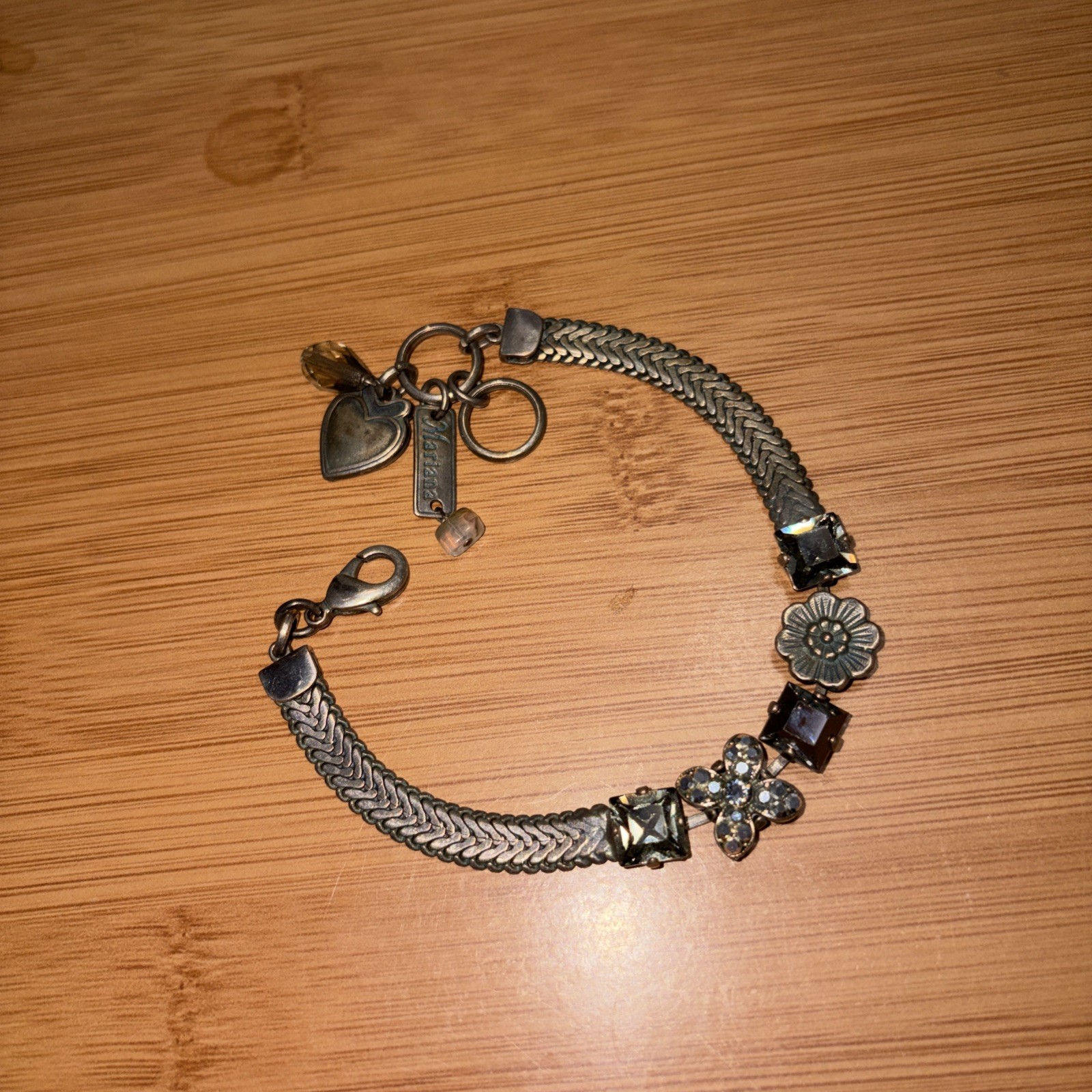 Mariana Retired Silver Mesh Bracelet Black Diamond Swarovski Crystal Floral