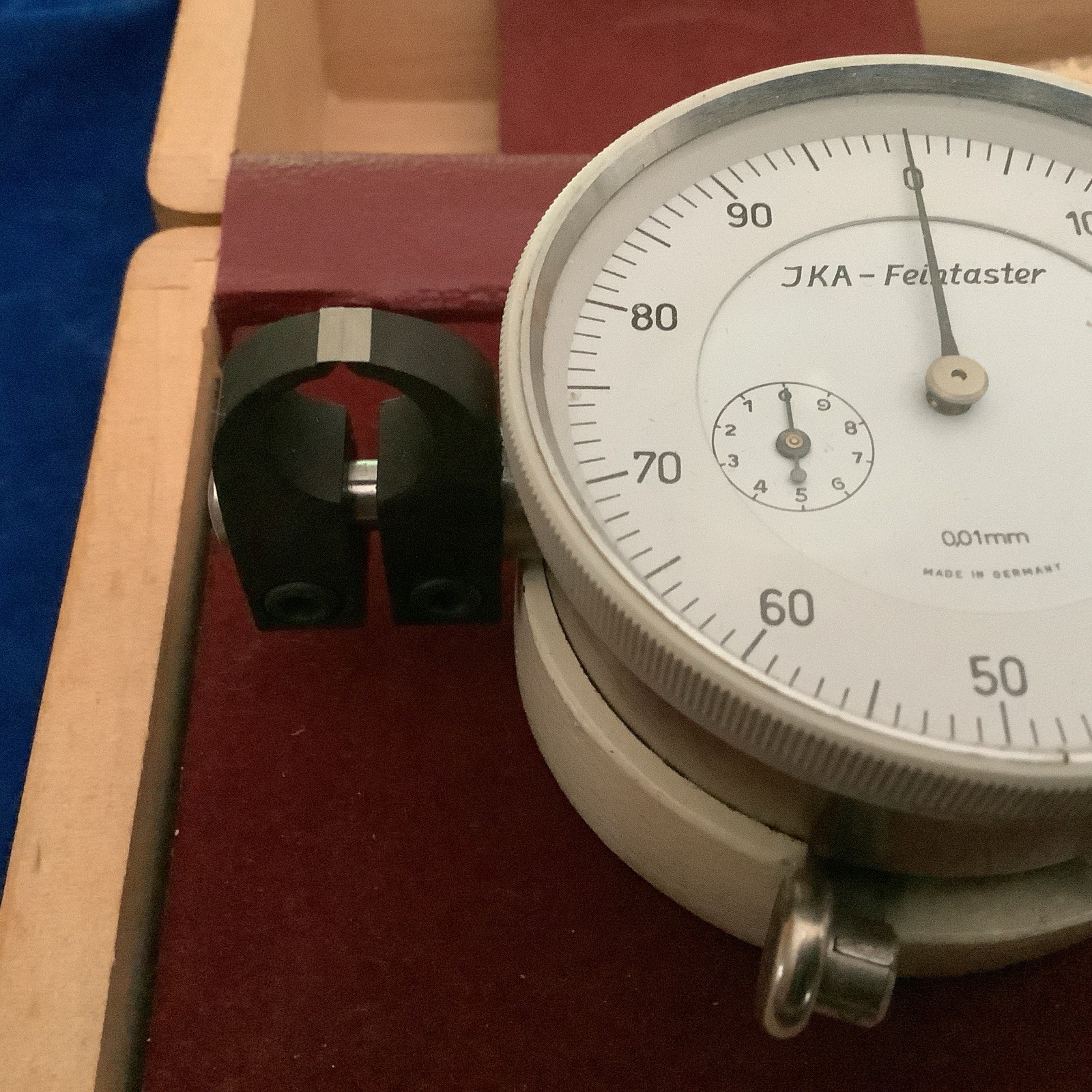 Vintage JKA Feintaster Dial Test Indicator 0.01mm Precision Gauge w/ Wood Case