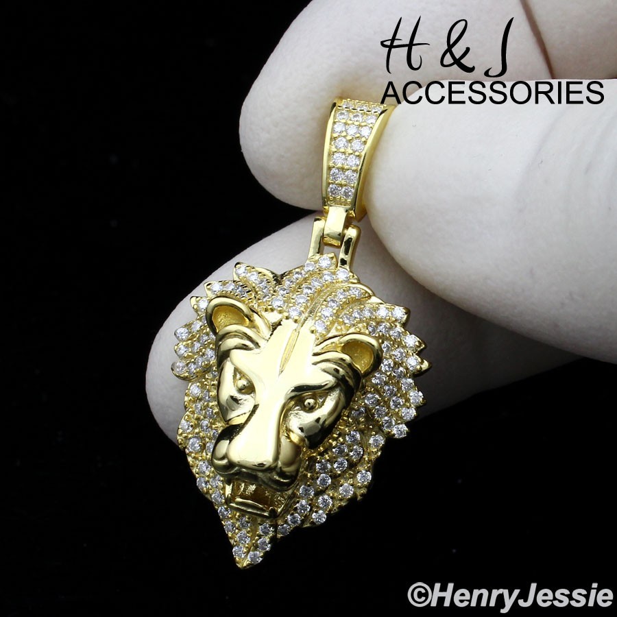 MEN 925 STERLING SILVER BLING MOISSANITE GOLD PLATED 3D LION FACE PENDANT*AGP559