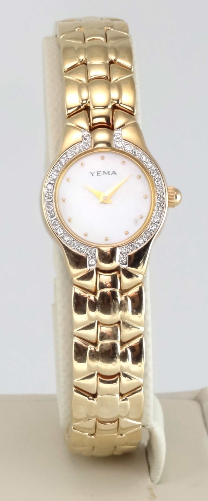 NEW YEMA by Seiko YM 874 Women’s Vintage Goldtone Quartz CZ Watch in Wooden Box