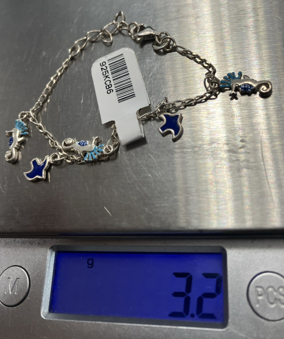 925 Sterling Silver Girl 5 Charms Bracelet Seahorse 3.2grams 5” To 6” New w/Tag