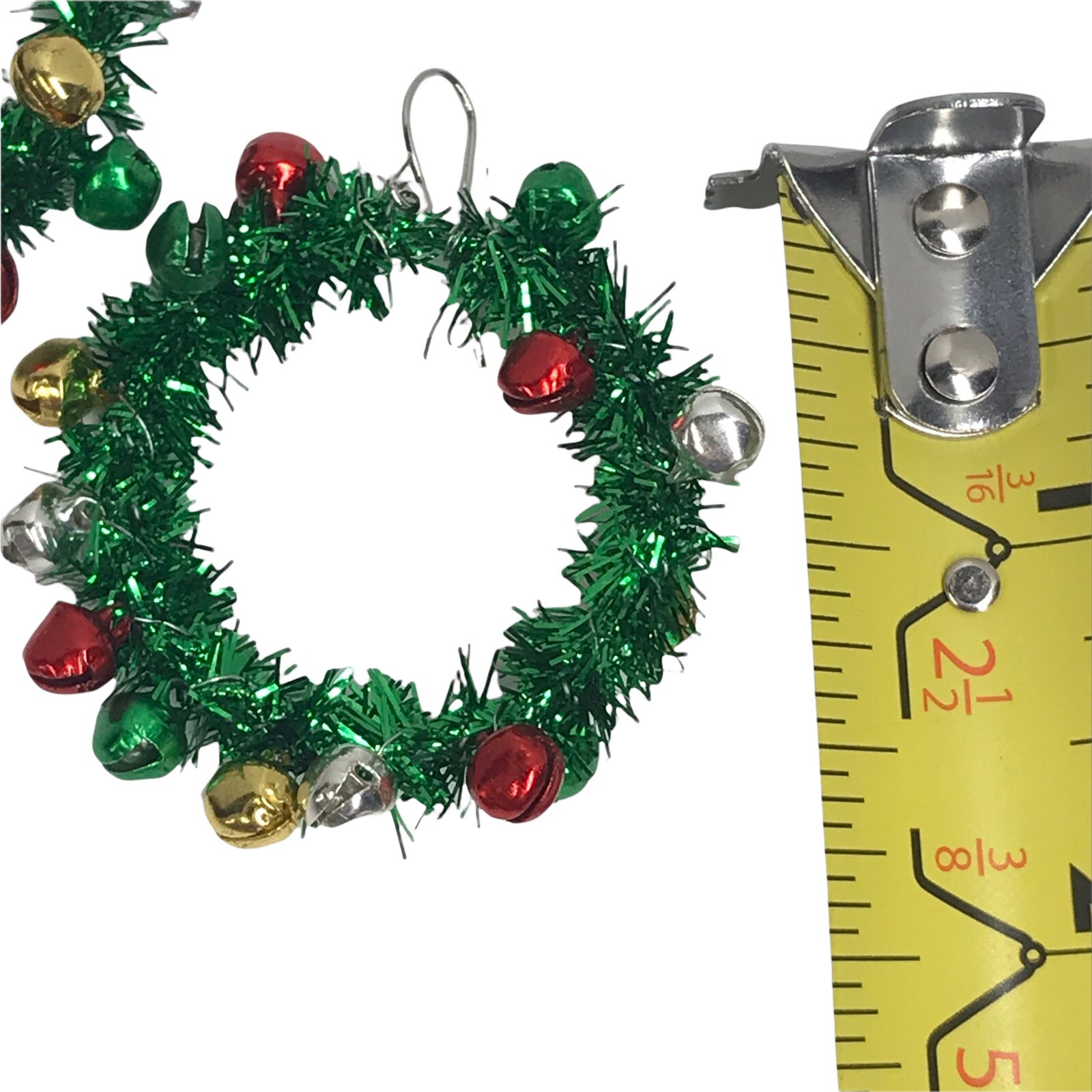 Green Tinsel Loop Hoop Christmas Wreath Earrings New Mini Jingle Bells Holiday