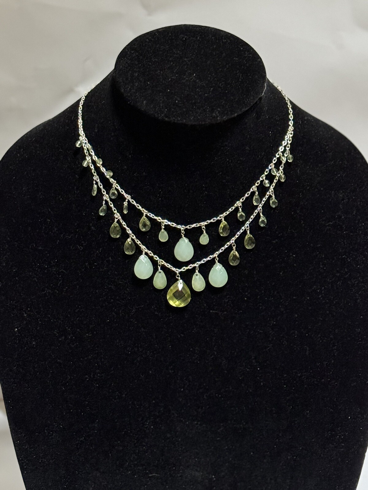 Layered Teardrop Statement Green Necklace Silver Tone with Faux Stones Beads