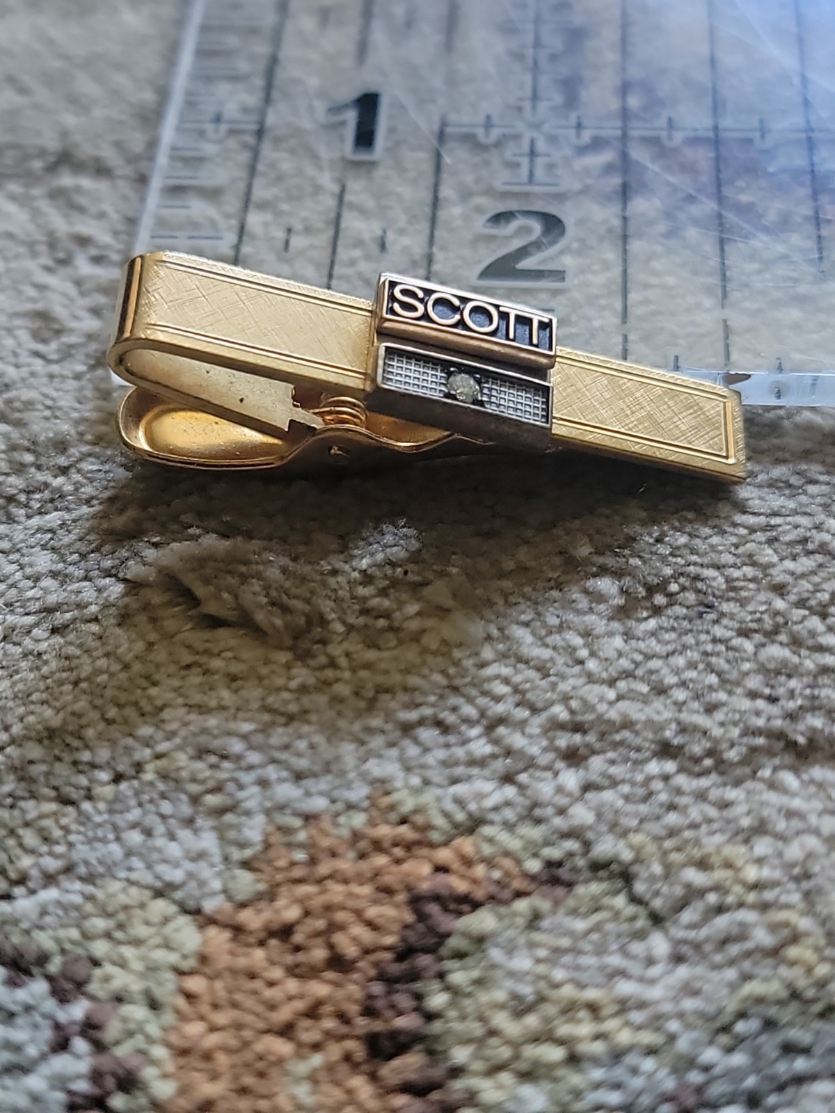 1.5″ Scott Neck Tie Bar 1/20 12K Gold Filled 10K Emblem & Diamond Front Plate
