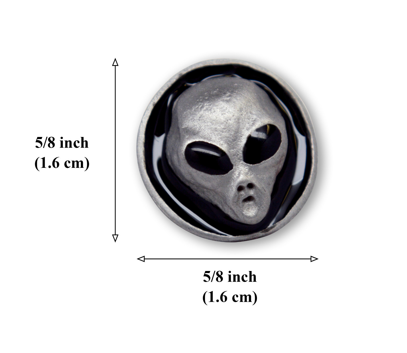 Round Alien Head Silver and Black Enamel Finish Tie Tack Jacket/Hat Pin P-25