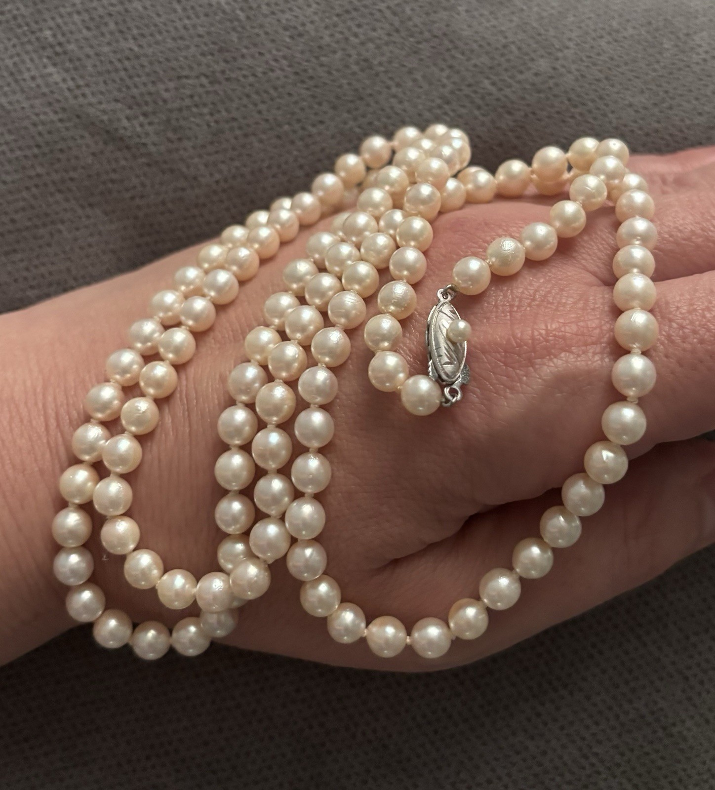 Vintage Akoya Pearl Necklace Silver Clasp 6mm 35” Opera Length Creamy Hue