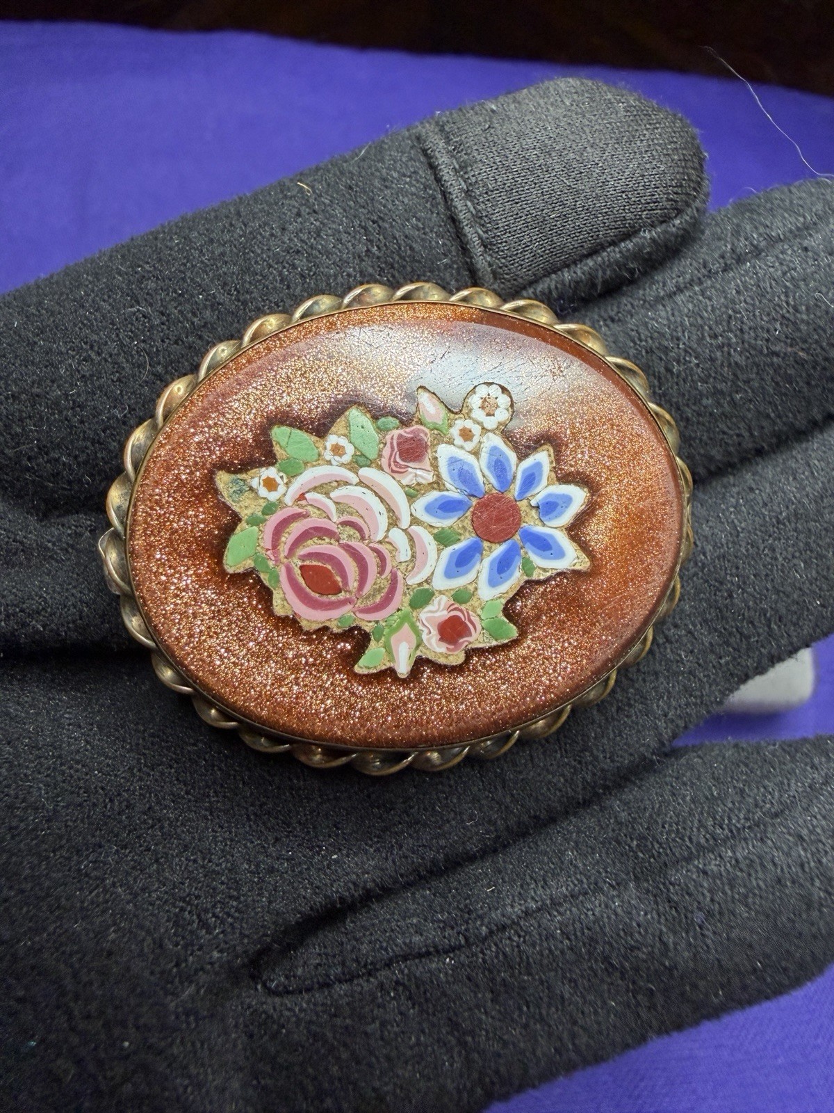 Vintage Italian Pietra Dura Micro Mosaic Floral Brooch Pin Goldstone Setting