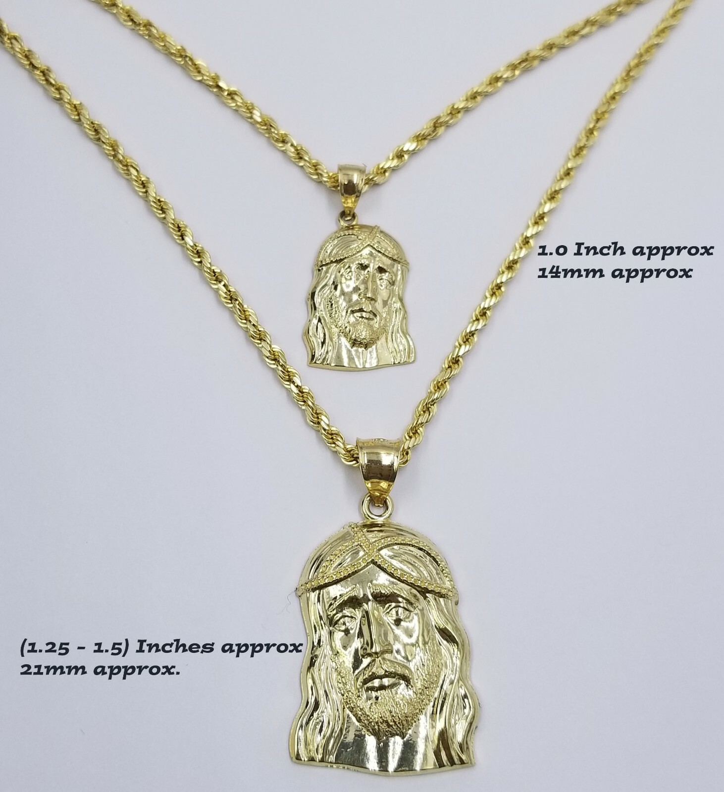 REAL 10k Yellow Gold Jesus Head Charm Rope Chain Pendant SET 18″ 20″ 22″ 24″ 26″