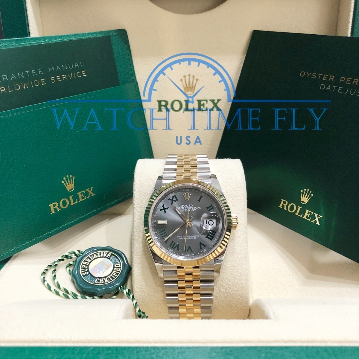 Rolex 126233 Datejust 36mm Two-Tone Yellow Gold Fluted Bezel Wimbledon Dial