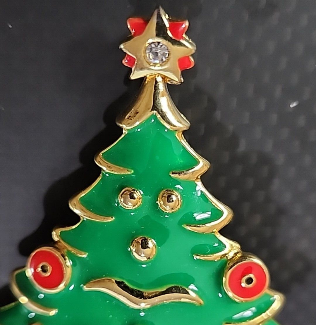 Brooch Christmas Tree Green Gold White Red Holiday Enamel or Metal Pin 2 1/2″