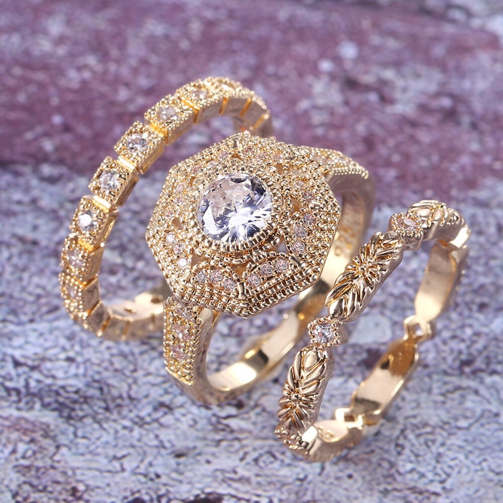 Gold Plated Geometric Vintage Ring Set 2Ct CZ Wedding Trio Set Couple Gifts Band