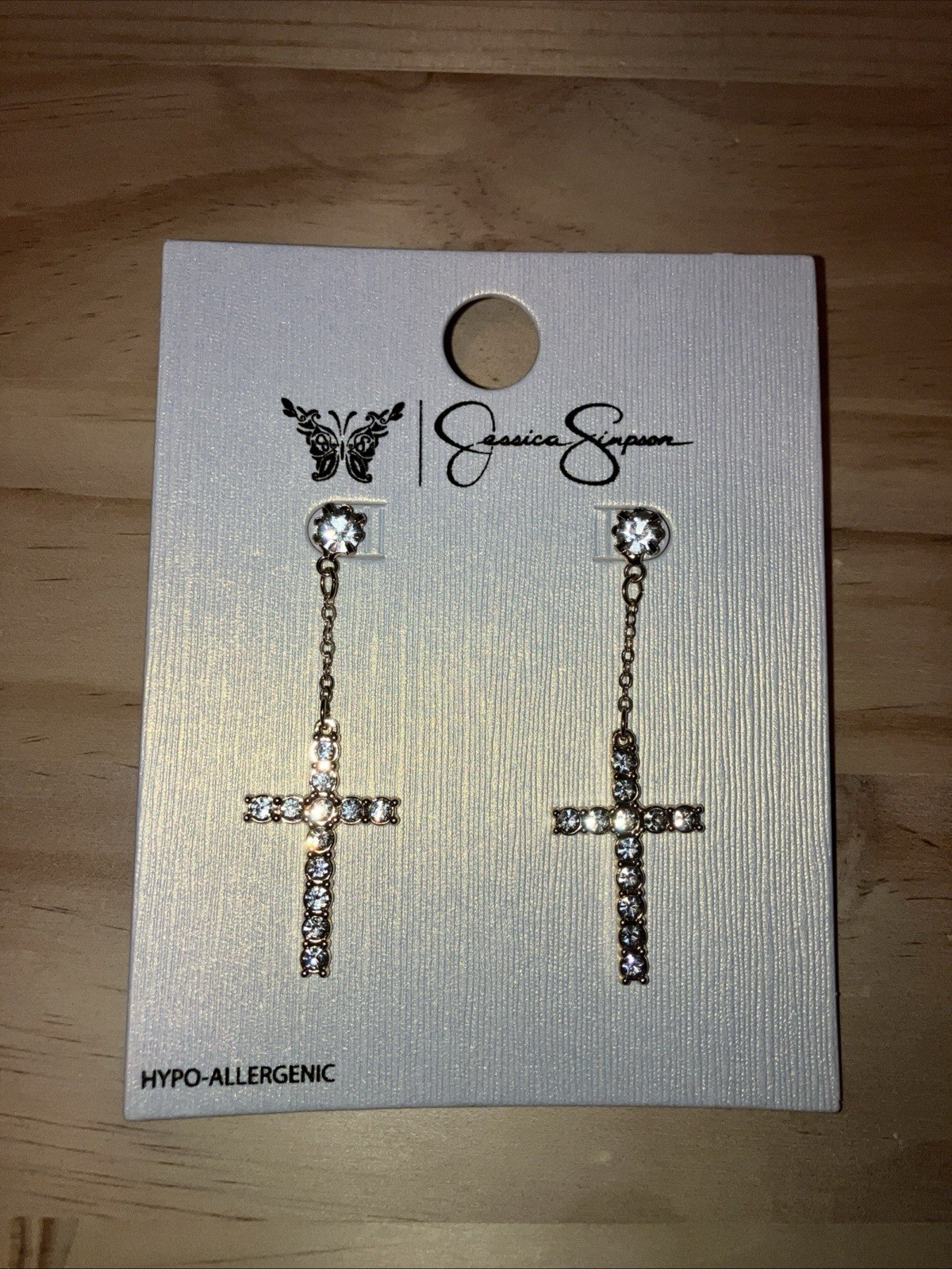 Jessica Simpson Gold Tone Rhinestone Encrusted Drop Cross Pierced Earrings 3”