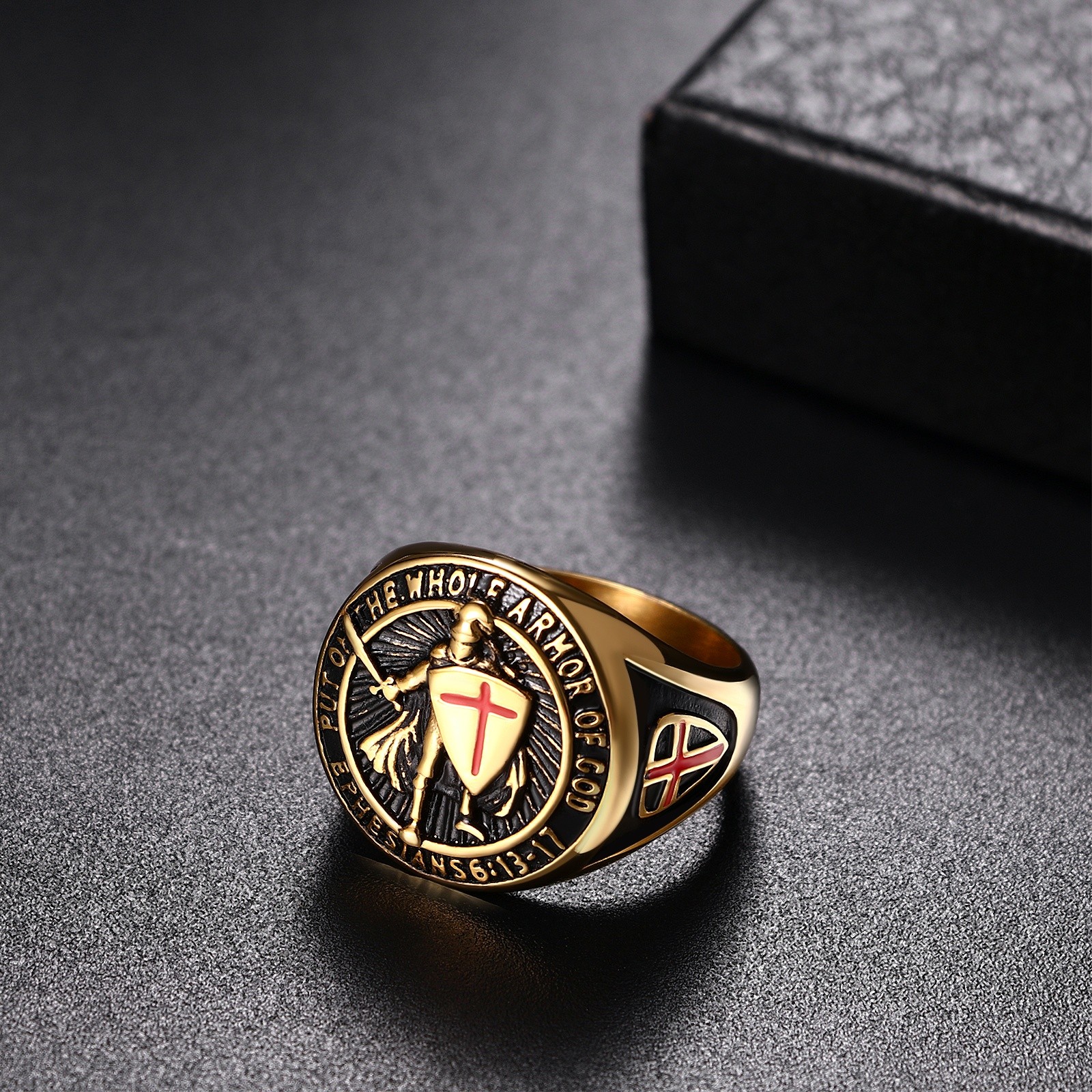 Men Archangel St Michael Shield Guardian Stainless Steel Signet Ring #8-13