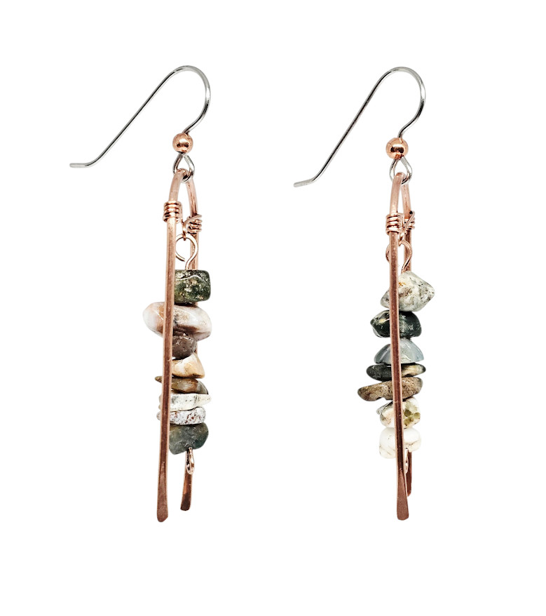 Handmade Ocean Jasper Chip Gemstone Earrings Copper Arch Boho Dangle