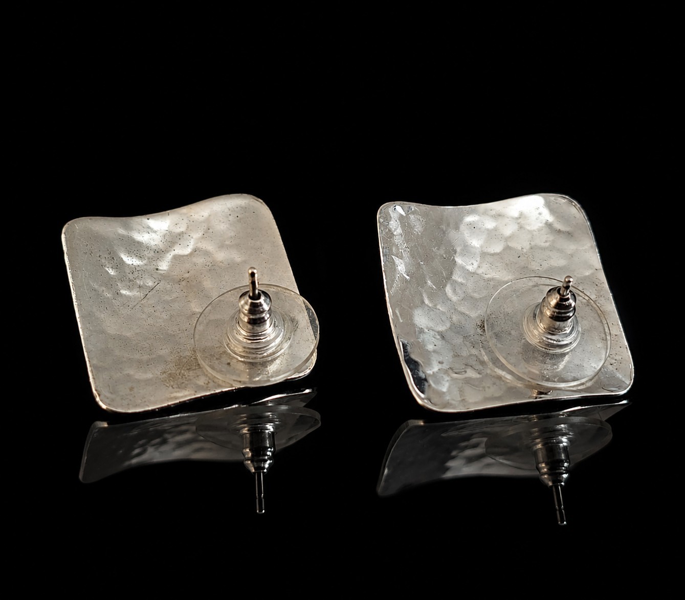 Vintage Silver Tone Hammer Finish Square Earings Hammered Post