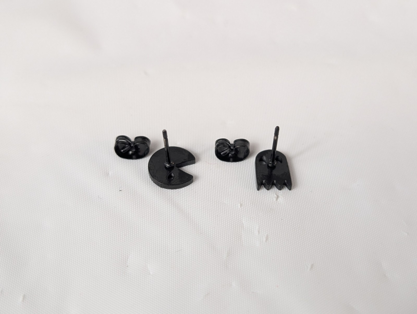 Post Pierced Earrings Tiny Small Black Metal Asymmetrical Pacman And Ghost