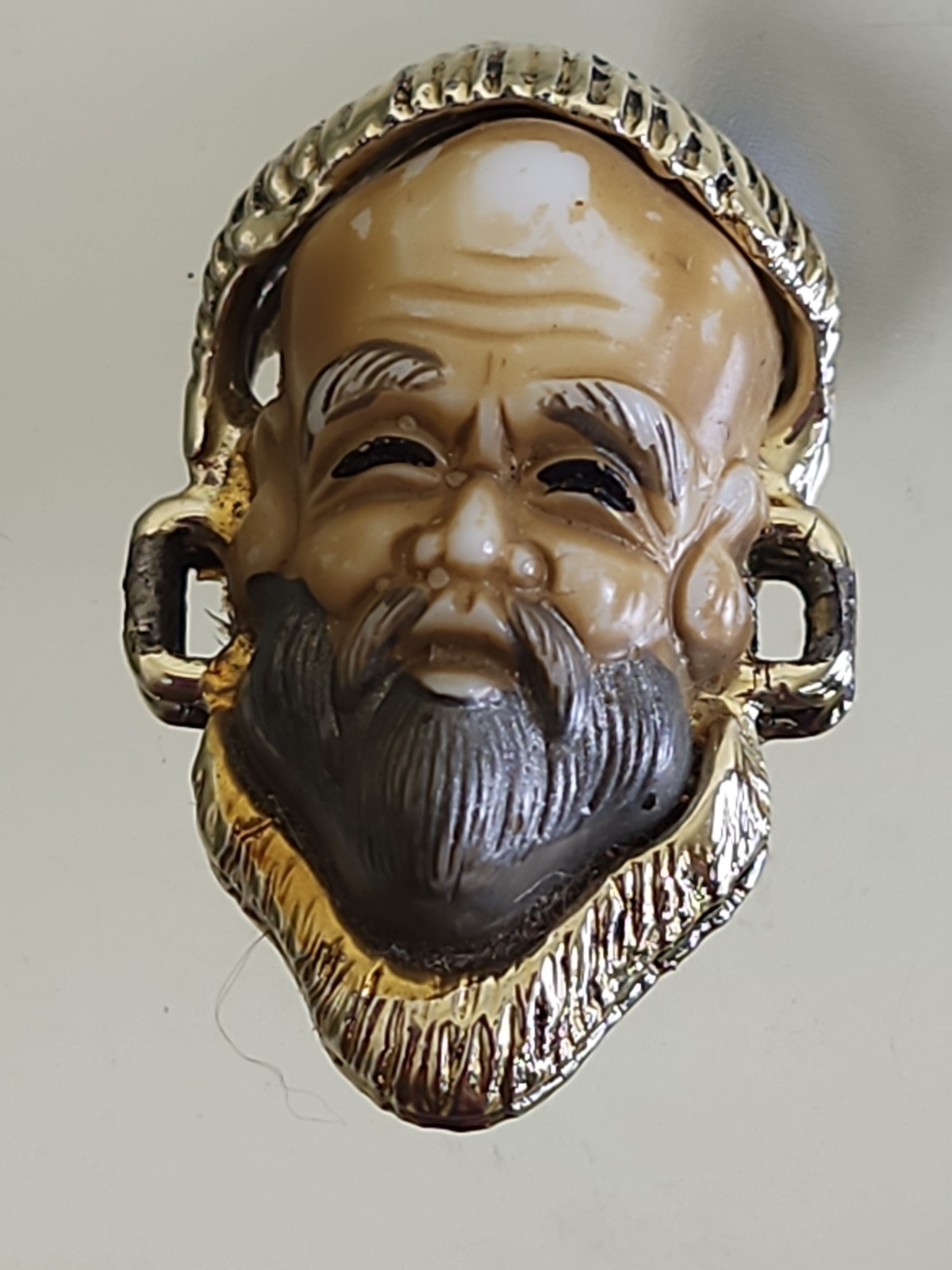 Vintage Resin 1 of 7 Japanese God Face Bracelet Link on Gold Tone Metal Base