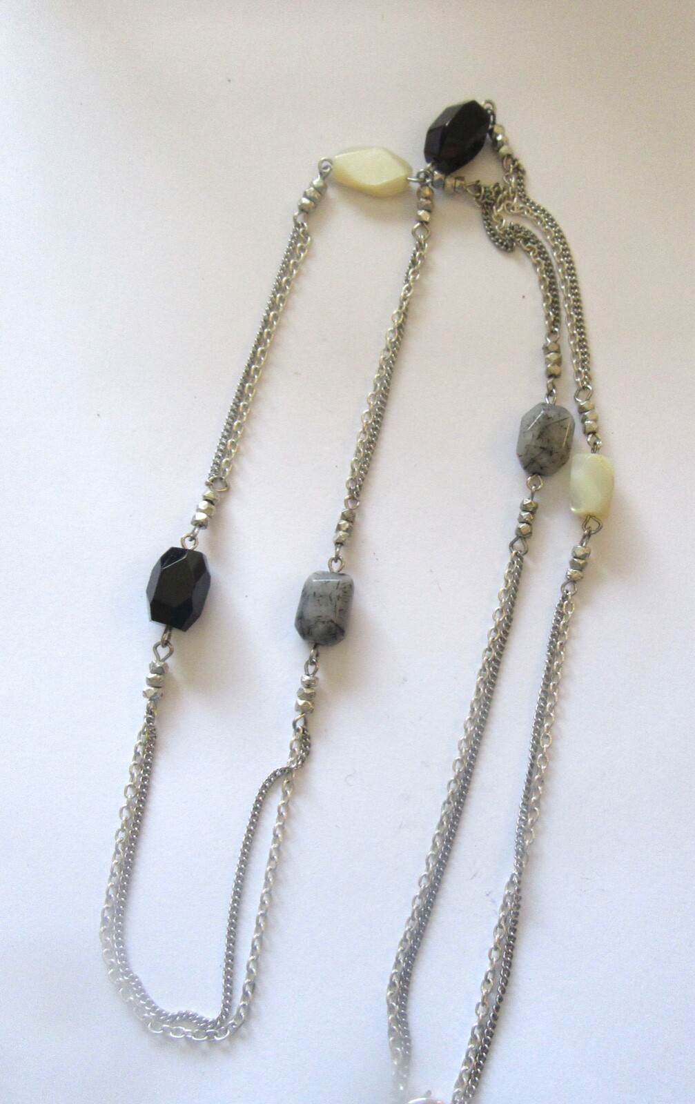 Fashion Necklace- double silver color chain- gray, white & black beads-36″ long