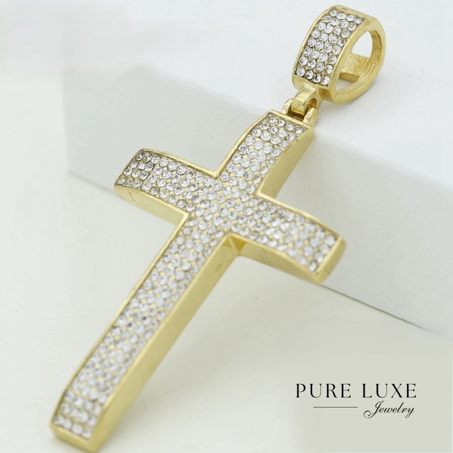 Men’s Stainless Steel JESUS CROSS 69mm Cubic Zirconia Pendant Gold plated*BOX