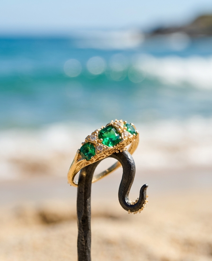 Emerald Natural Emerald & Diamond Wedding Gift Ring 14k Yellow Gold(Import Free)