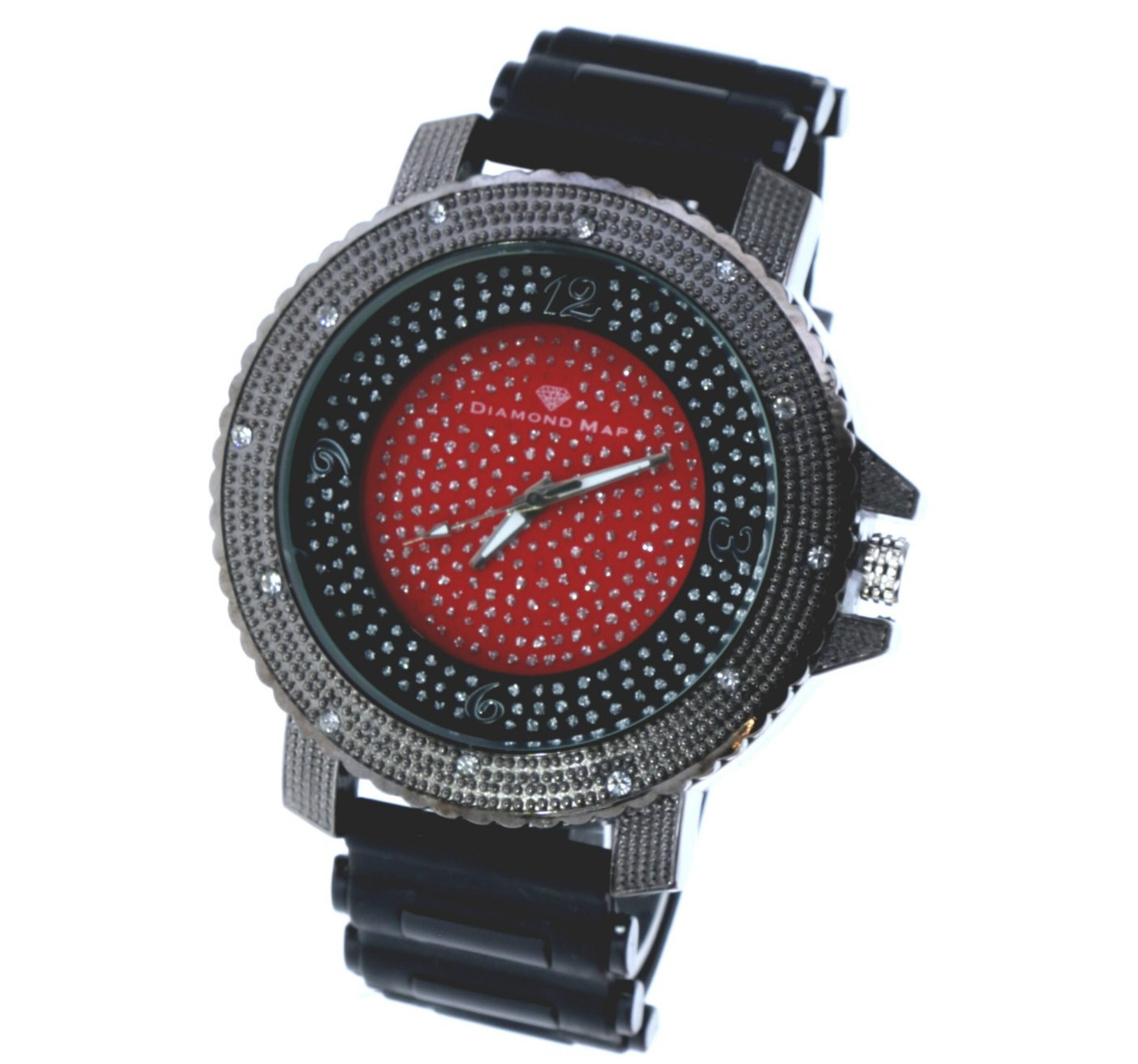Hip Hop Men’s Ice Crystal Bezel Diamond Dust Dial Black Silicone Band Watch 56mm