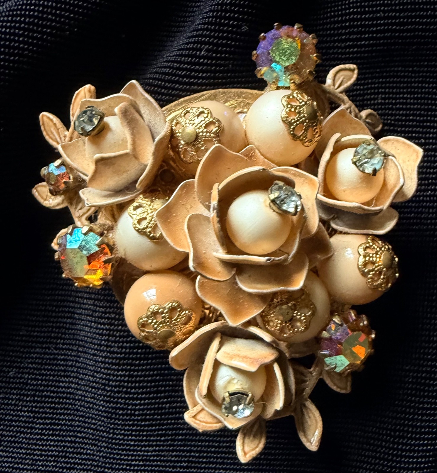 Unsigned Gold Tone Floral Brooch & Clip-On Earrings Set • Aurora/AB Rhinestones