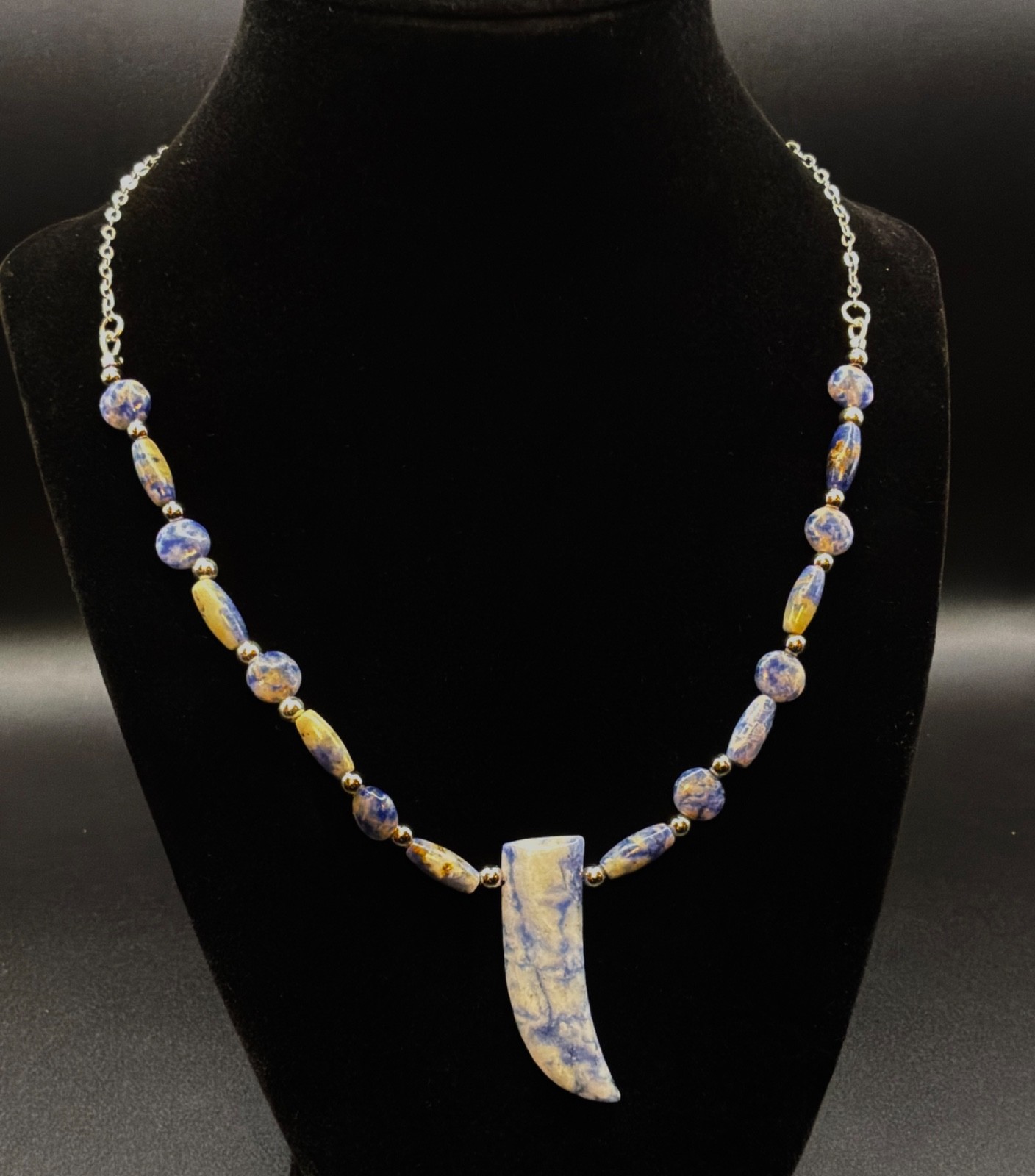 Sodalite Coin & Barrel Necklace with Tooth Pendant