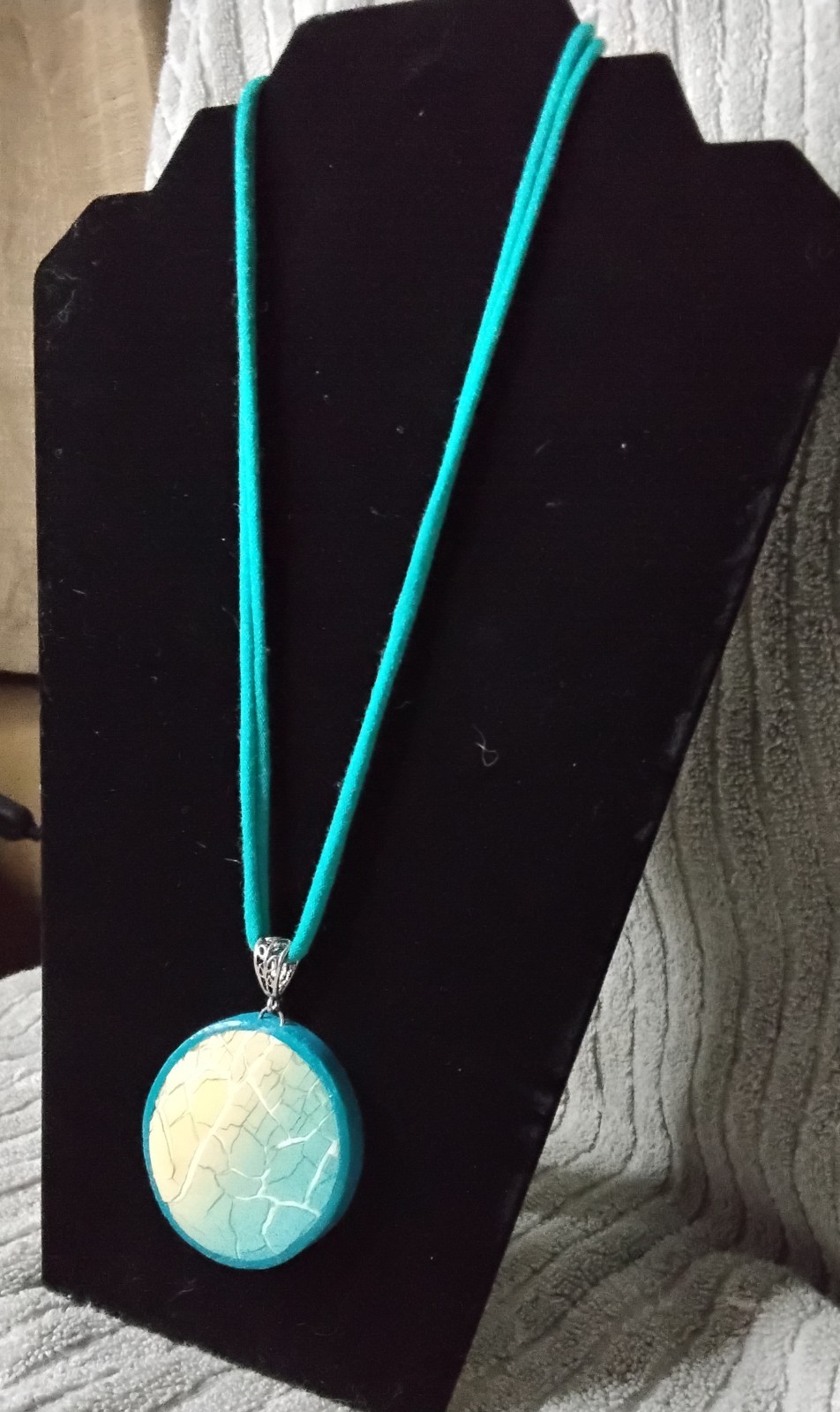 Turquoise Blue And Peach Pendant With Polished Silver Bezal On Matching Silk…