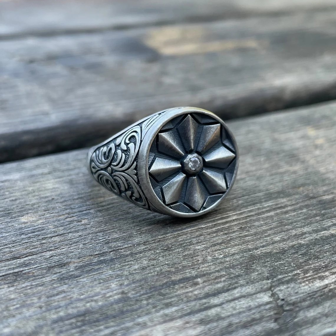 Geometric Flower Signet Ring 925 Sterling Silver Oxidized Ring Duty Free