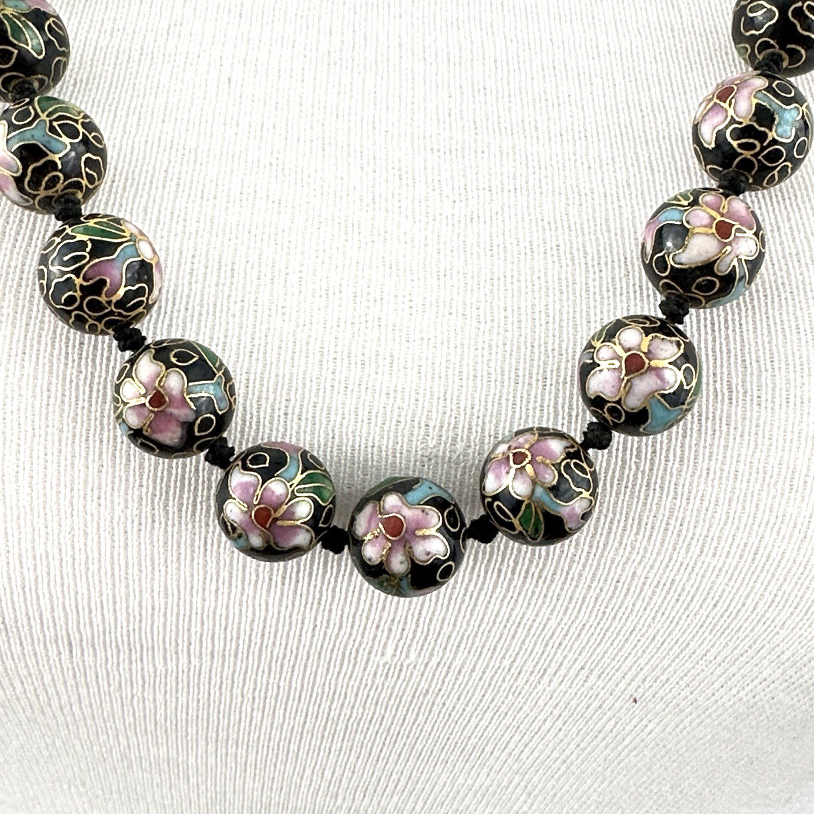 CLOISONNÉ vintage necklace – black & pink enamel floral beads 30″ Chinese export