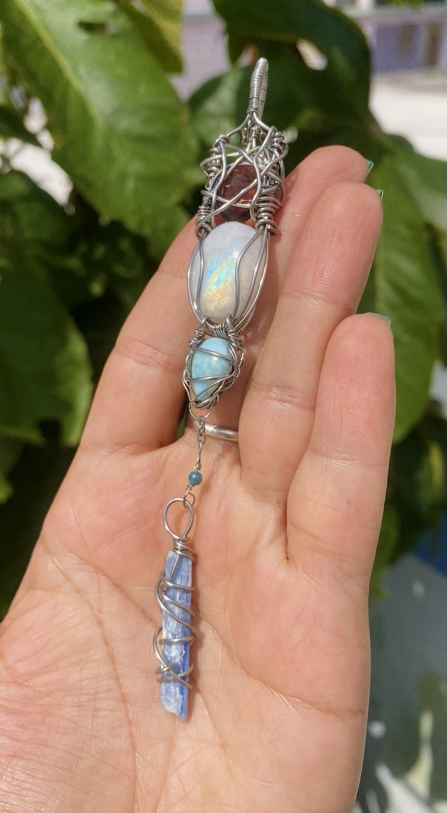 Rainbow Moonstone, Larimar & Kyanite Necklace Amethyst & Blue Apatite Steel