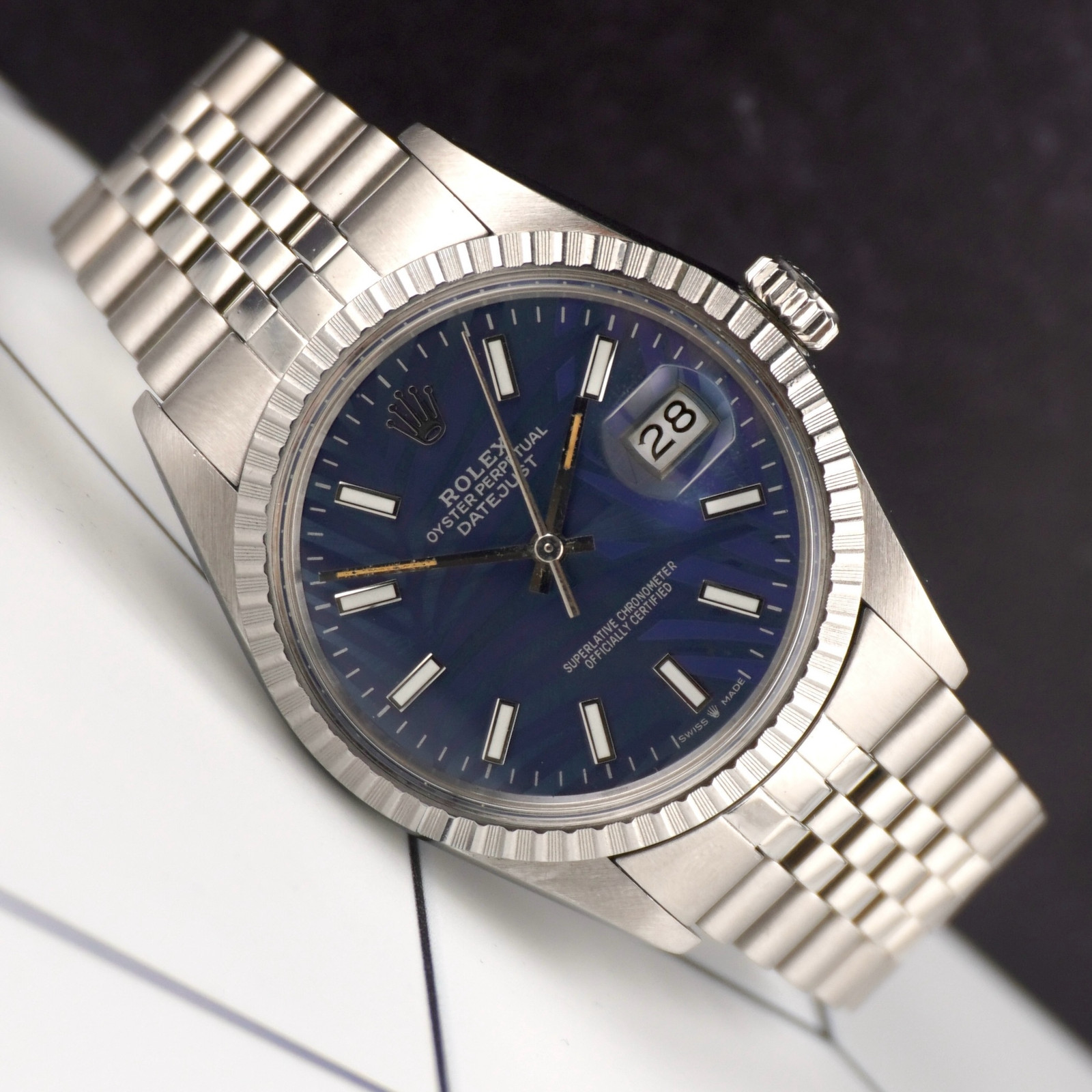 Rolex 36mm Datejust Steel Engine-Turned Dark Blue Palm Motif Dial Watch 16030