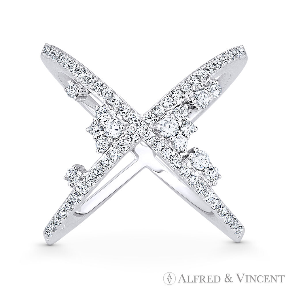 Criss-Cross CZ Crystal Cluster .925 Sterling Silver w/ Rhodium Right-Hand X-Ring