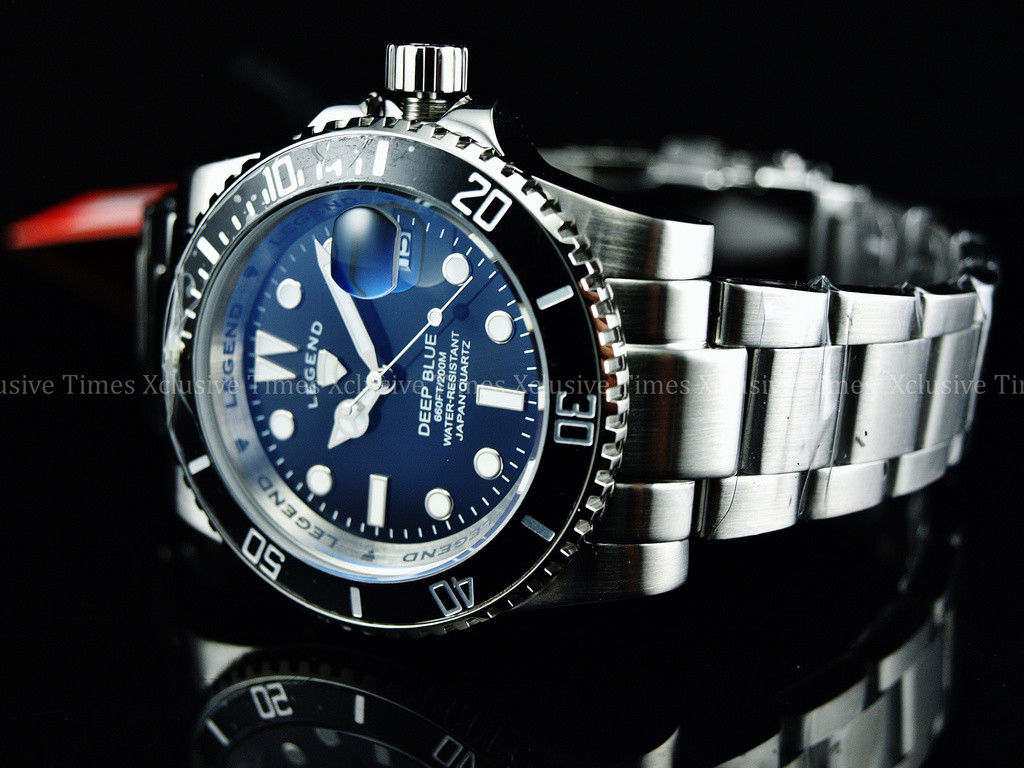 RARE Legend Men 200m Deep Blue Diver Midnight Black Dial Quartz SS Watch