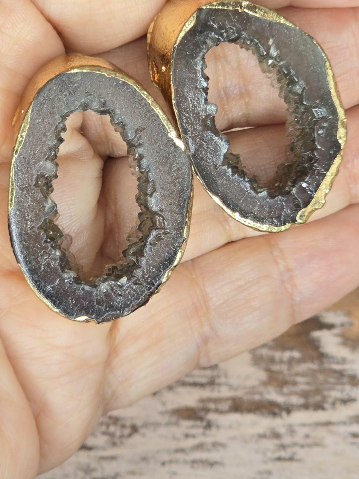 Geode Druzy Statement Earrings Gold Tone Black Crystal Slice Jewelry #262