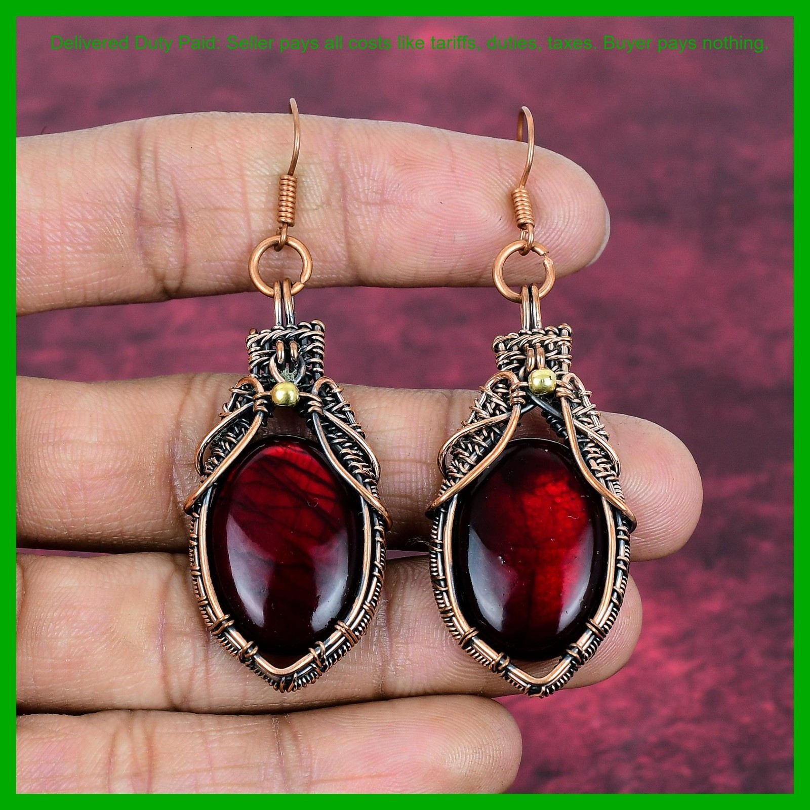 Red Fire Labradorite Gemstone Copper Dangle Drop Wire Wrapped Earrings Jewelry