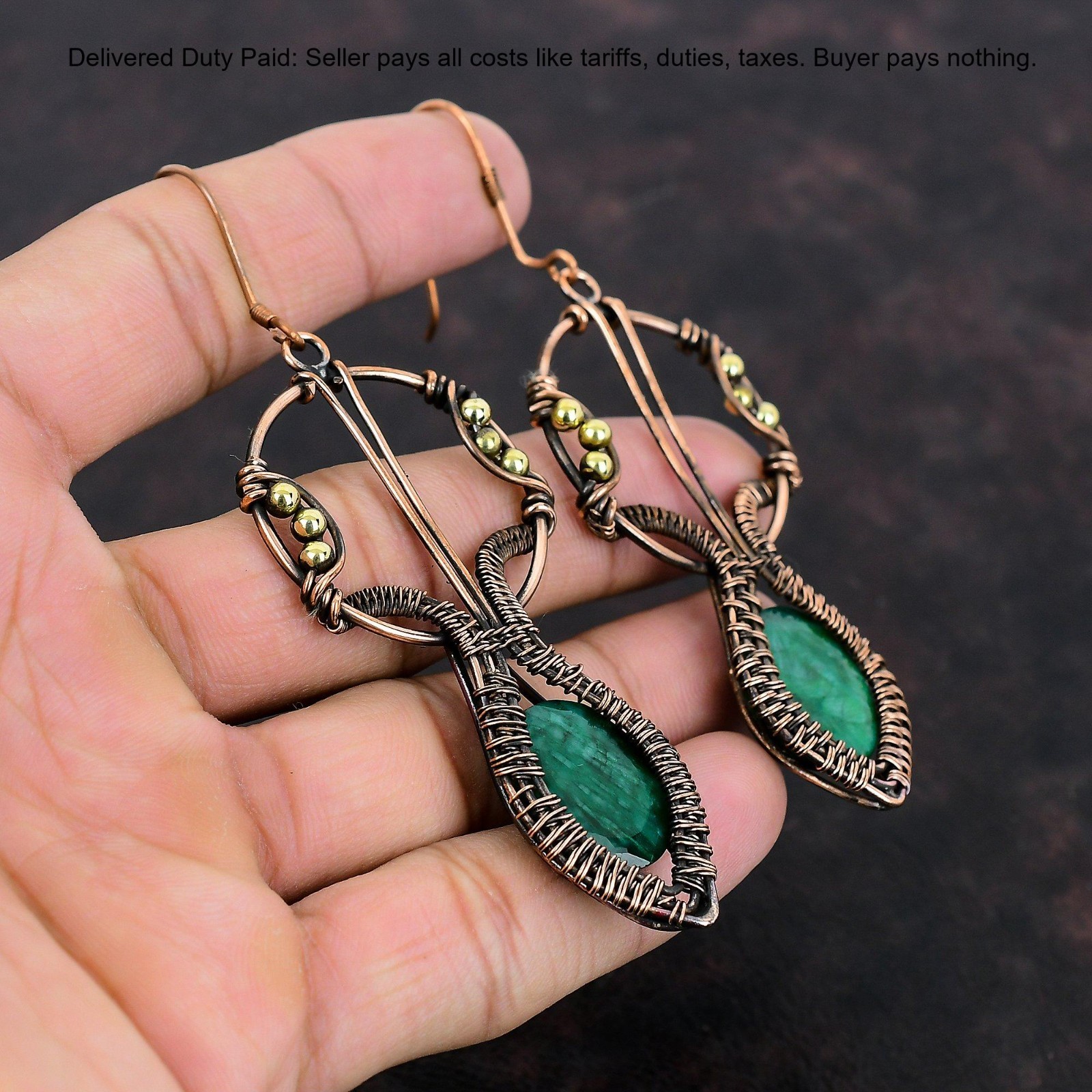 Copper Zambian Emrald Emrald Stone Wire Wrapped Mother Dangle Earrings Jewelry