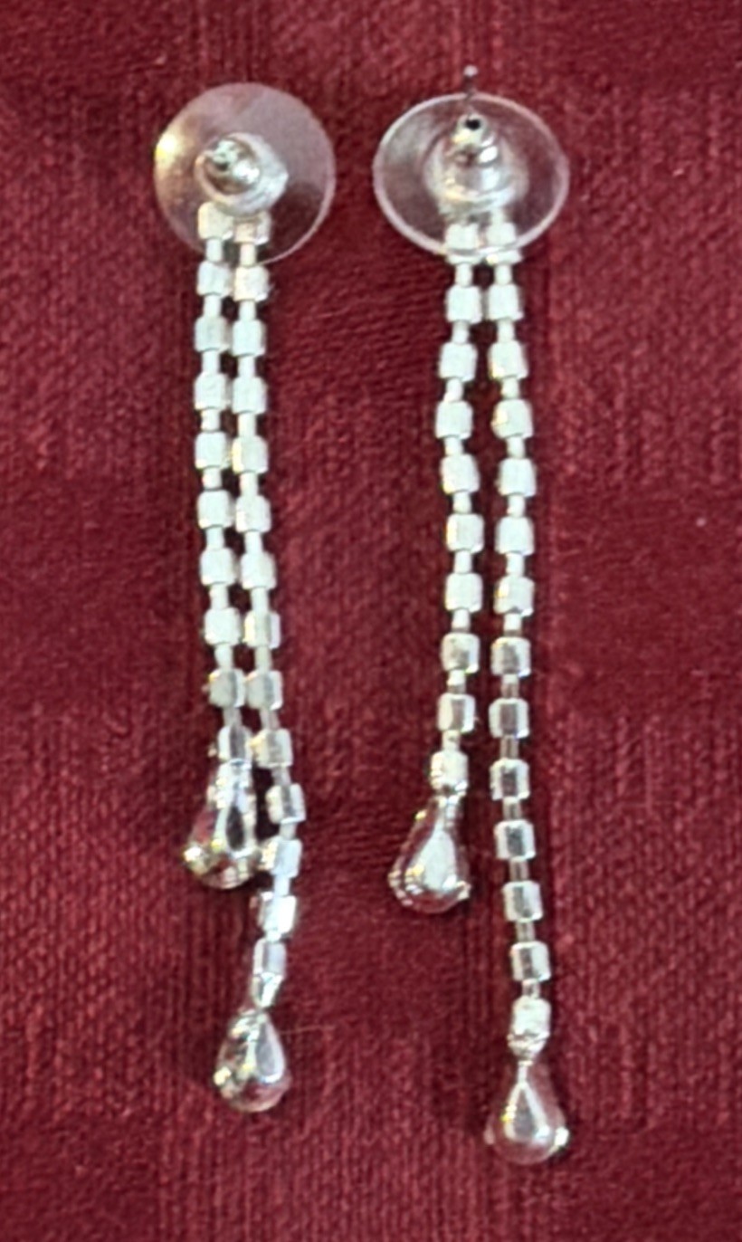 Crystal Dangle Earrings Silver Tone Tear Drop Ends 2.5 Inch
