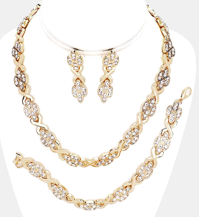 SOLID HIGH QUALITY 3 PC CLEAR GOLD CRYSTAL FORMAL FASHION NECKLACE JEWELRY SET*
