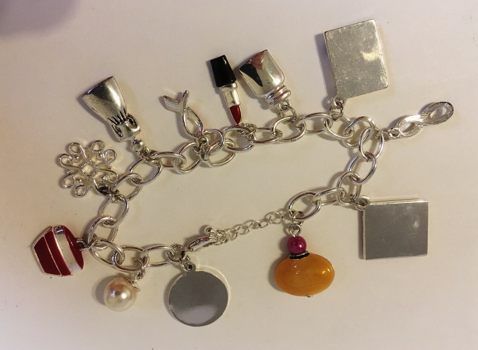 Avon 12 Charms Bracelet Silver Metal Link Chain 125 Years Anniversary Lipstick