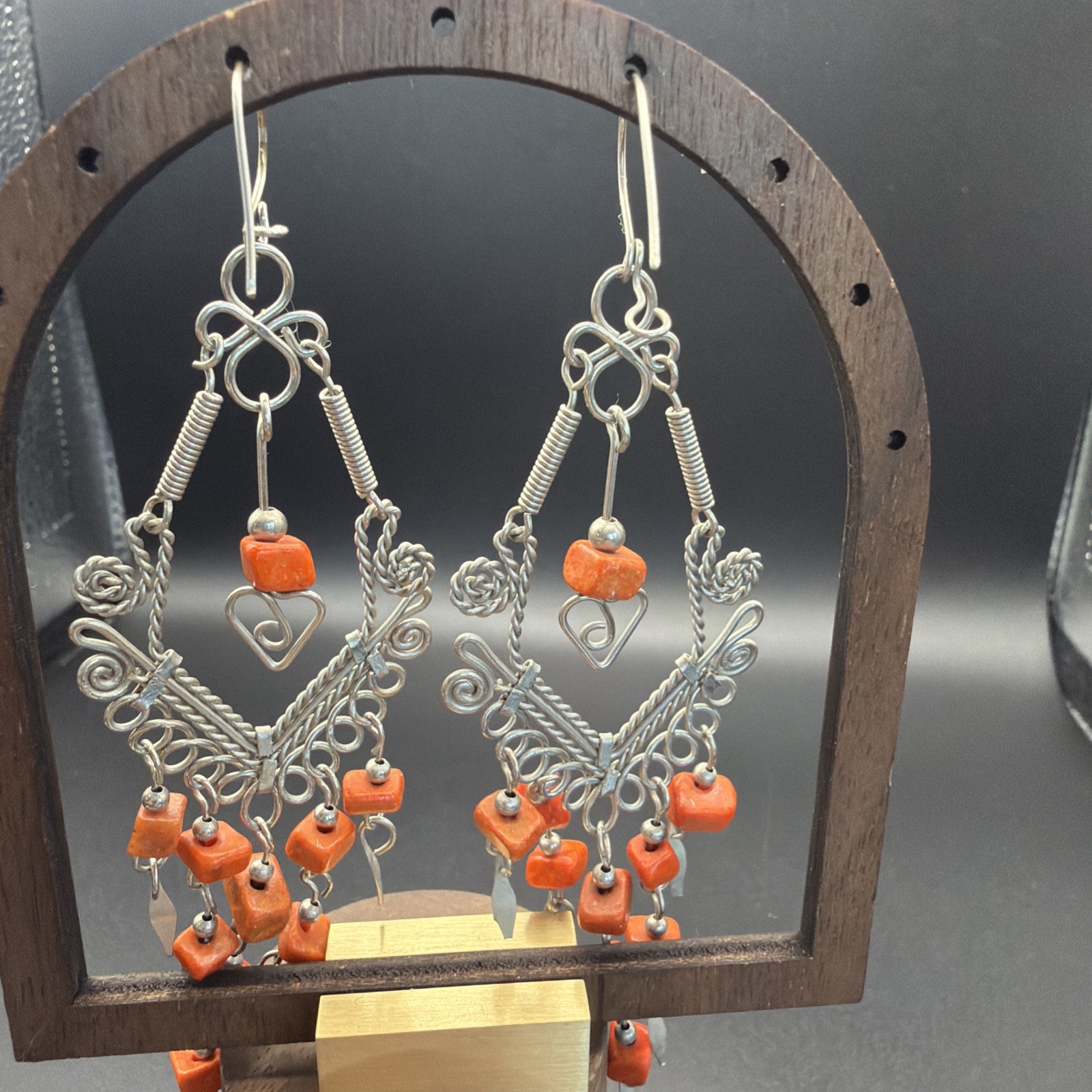 885. Vintage Metal Filigree Dangle Earrings Stone Orange