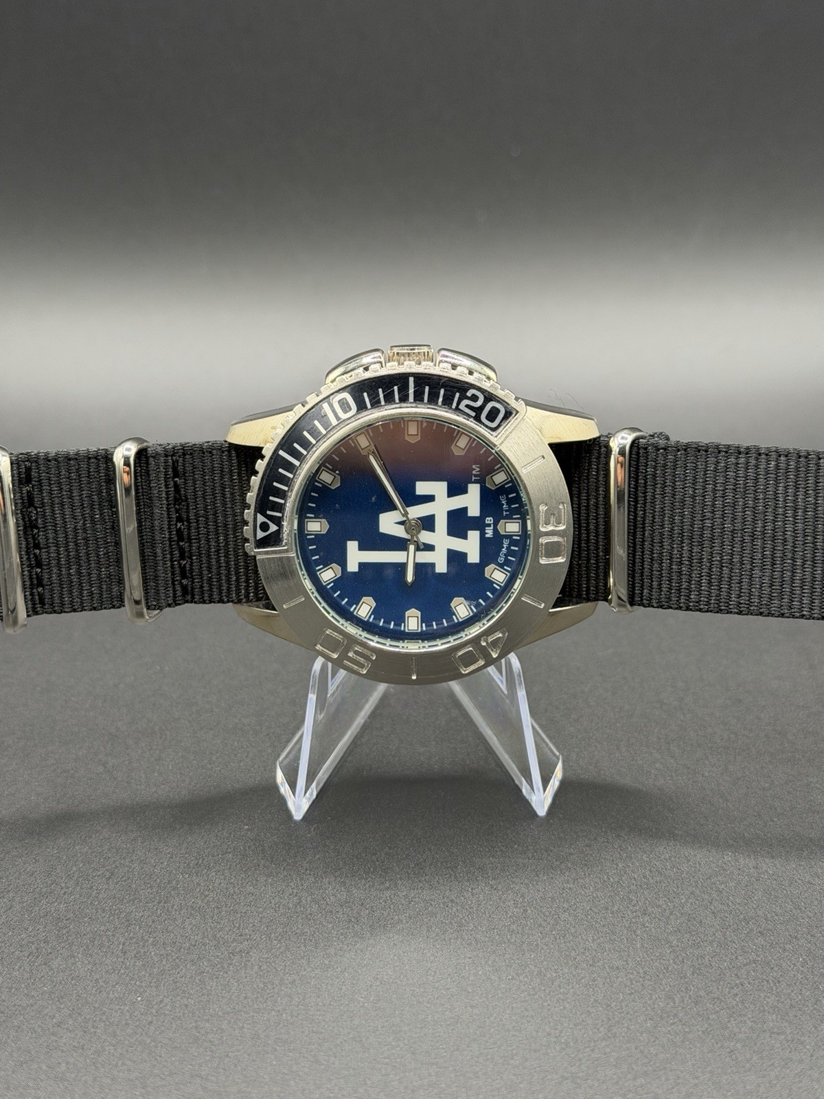 MLB LA Dodgers Logo Blue Dial Analog Watch Black NATO Nylon Strap Silver Case
