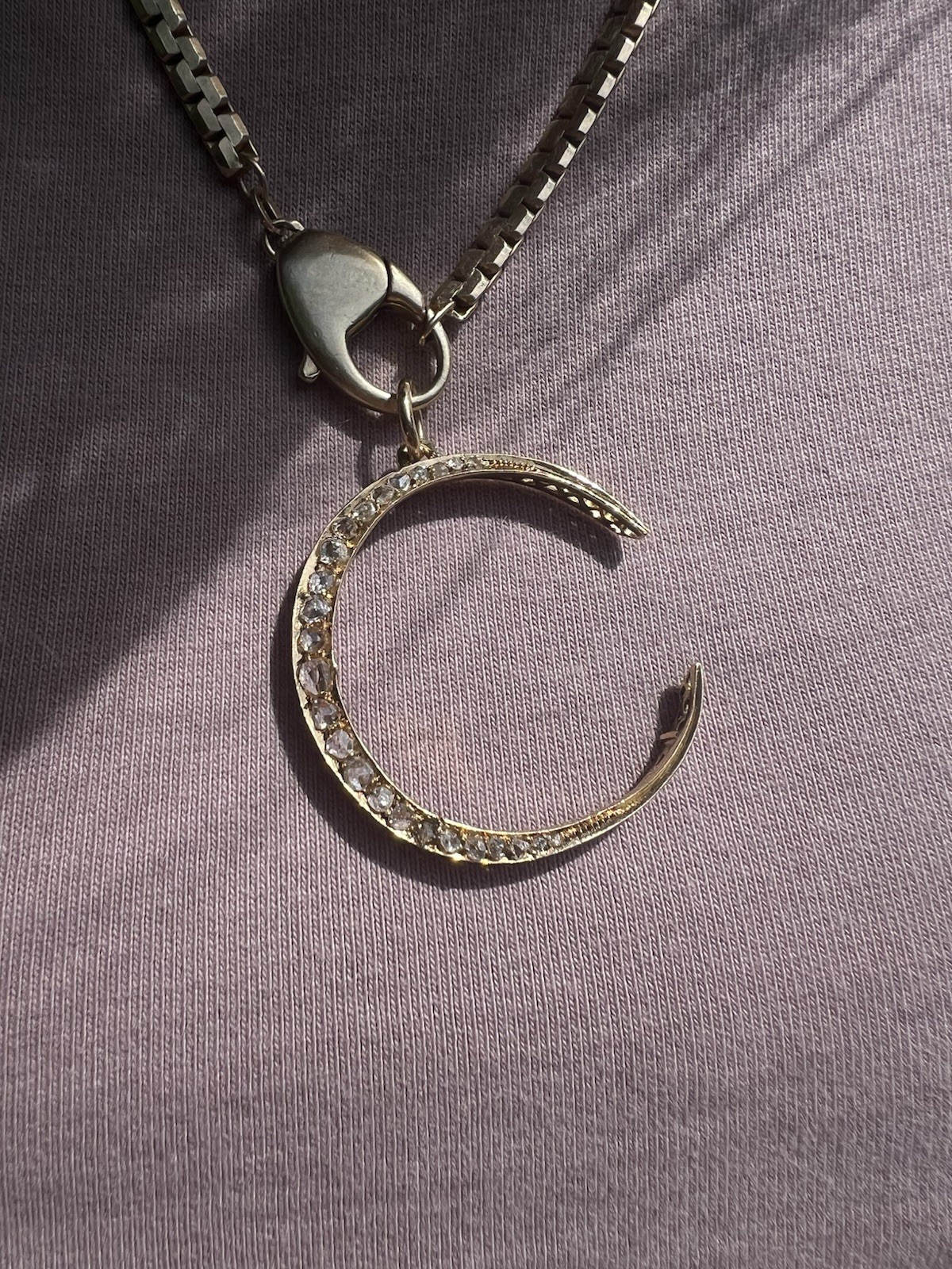 Antique 19k Rose Cut Diamond Crescent Moon Pendant 0.82ctw