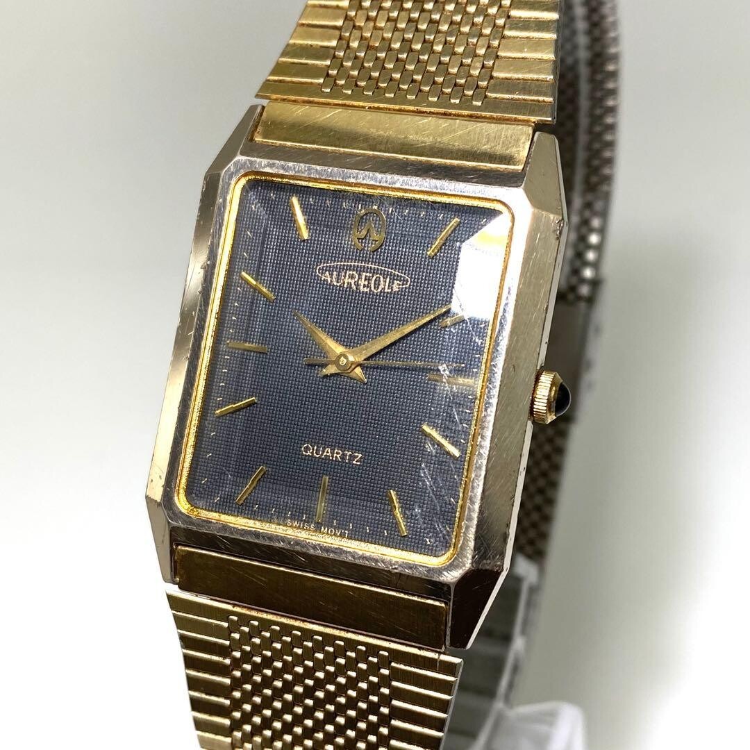 AUREOLE Wristwatch Square Mesh Bracelet Gold Authentic From Japan